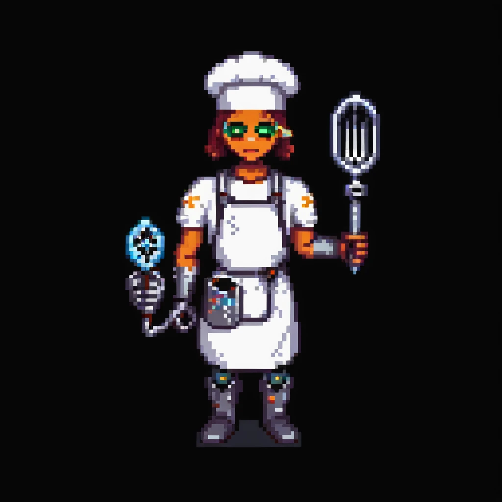 Portrait of a cyborg baker with a mechanical arm holding a whisk, glowing eyes, chrome apron, skeuomorphism style emoji