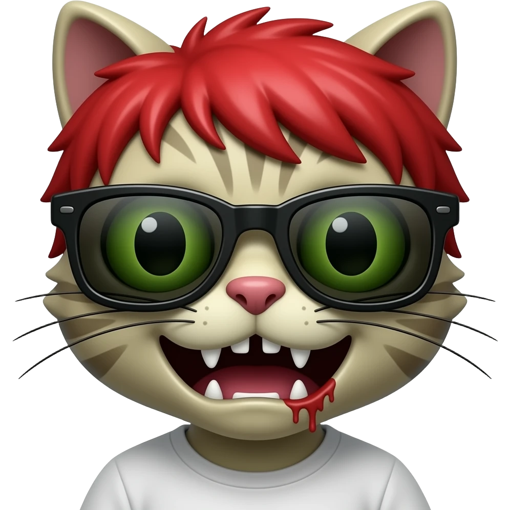 Zombie cat with sun glasses and Red colour hairstyle face emoji