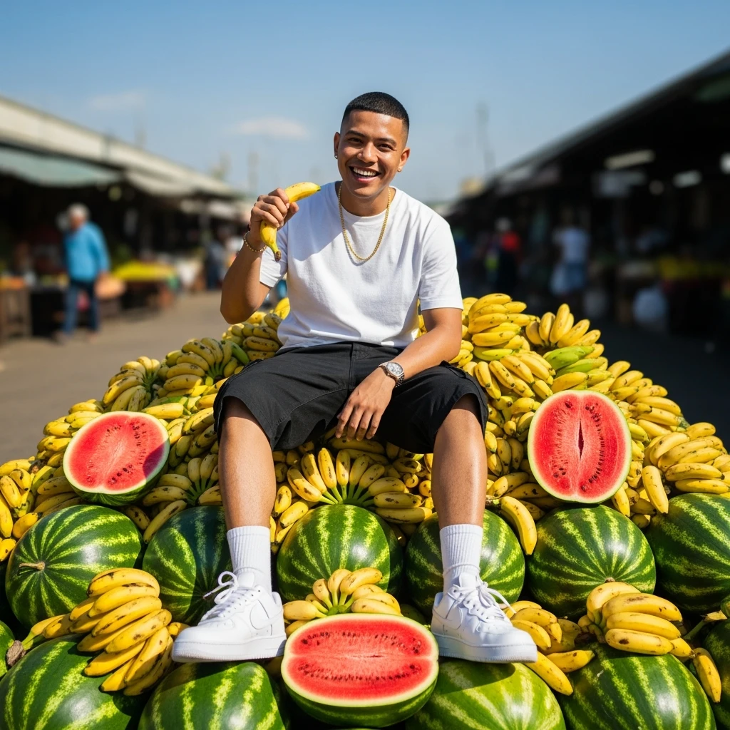 kai cenat on a pile of bananas and watermelons emoji