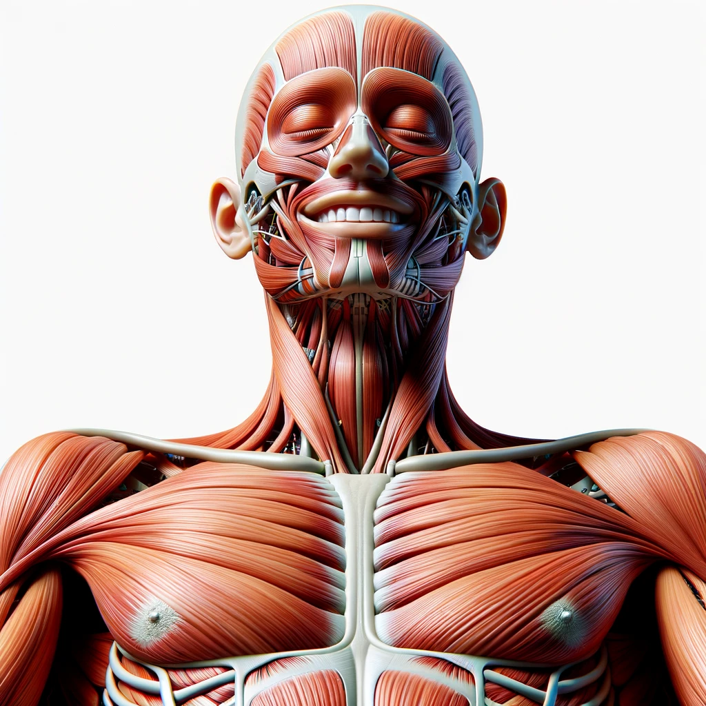 corpo umano anatomico a figura intera che sorride rilassato, iperrealistico 4k, isolato su sfondo bianco emoji