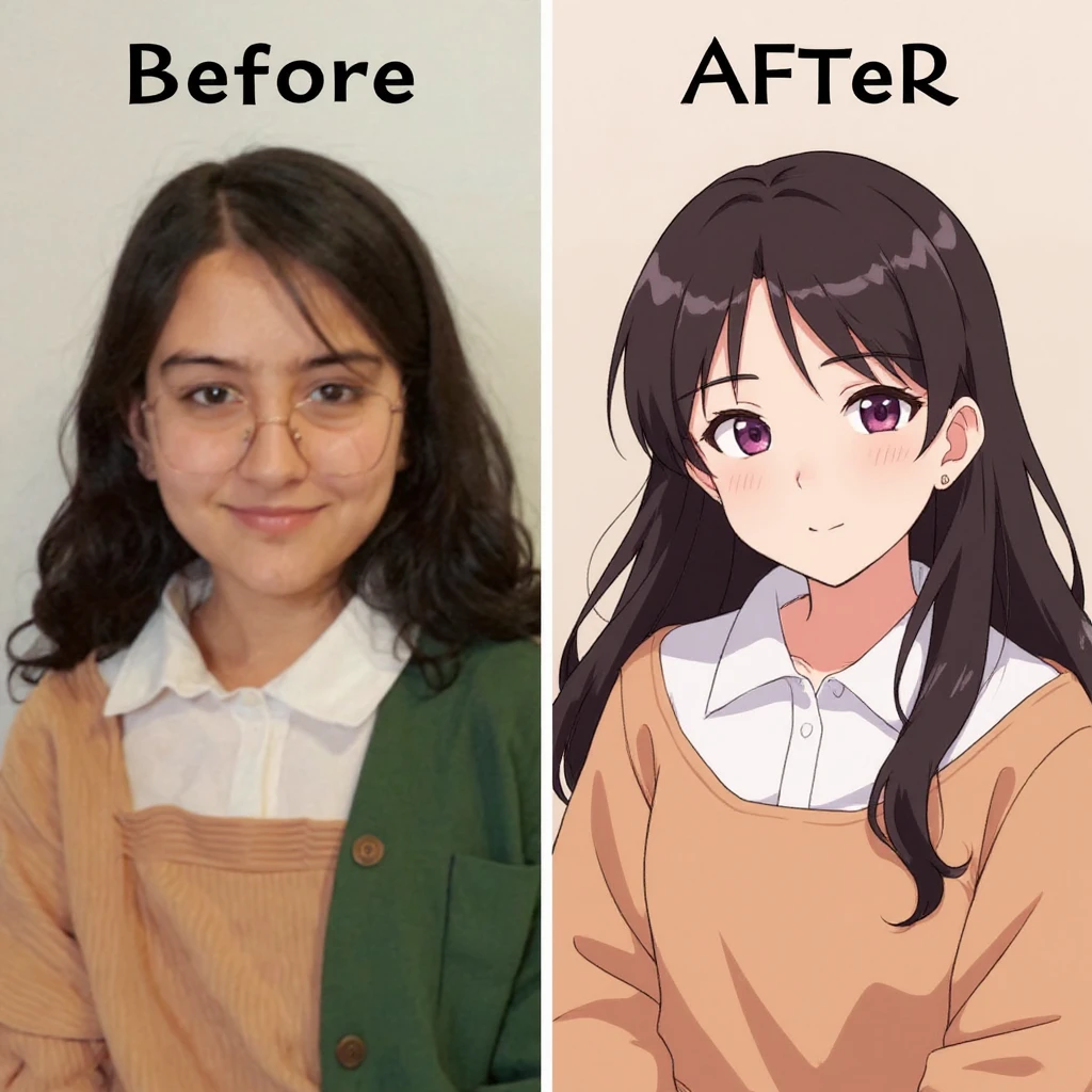 create before after image of a girl before is realsitic photo, after is anime version of her in same pose and clothes, add logo with text of a "FLUX Kontext Pro" emoji