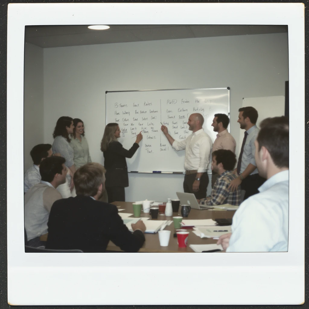 A team of eight designers and one manager, all with happy faces, brainstorming around a whiteboard emoji