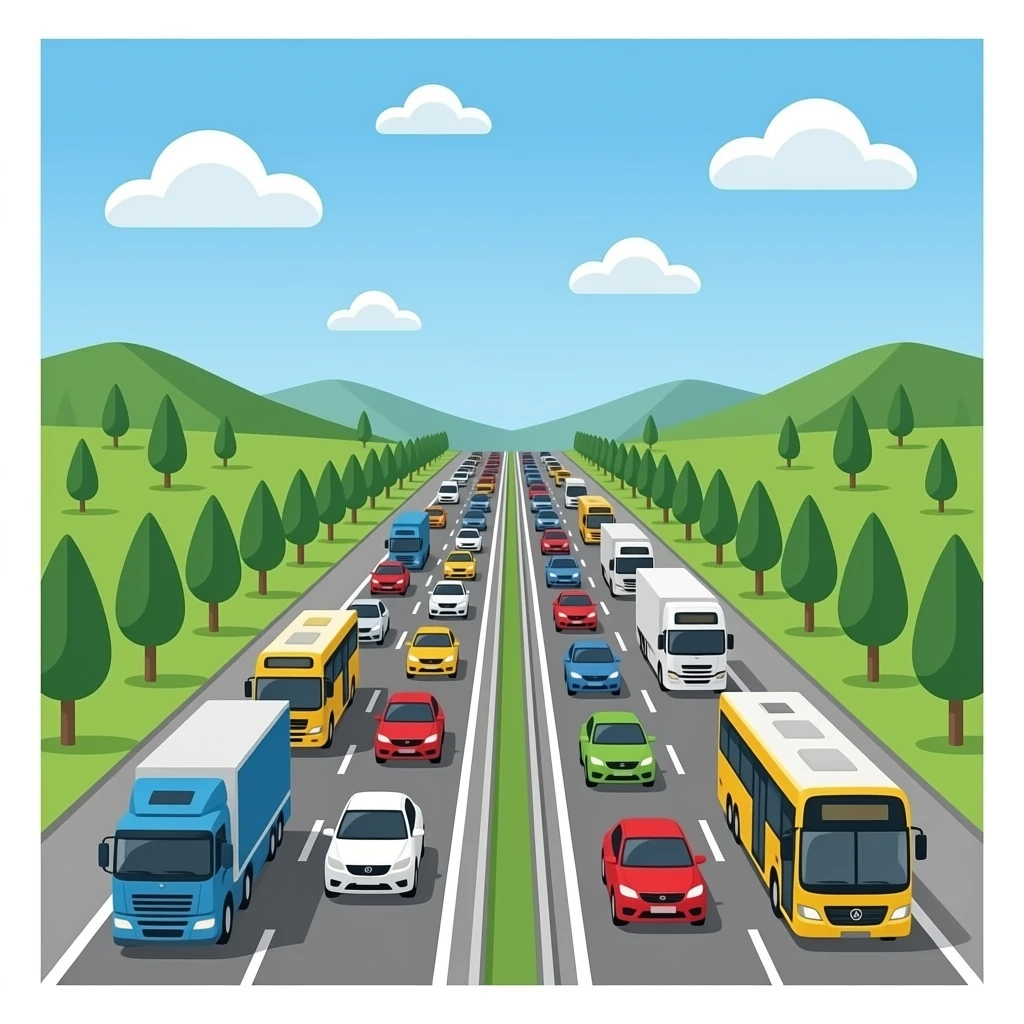 Highway full of cars and trucks & buses trams emoji