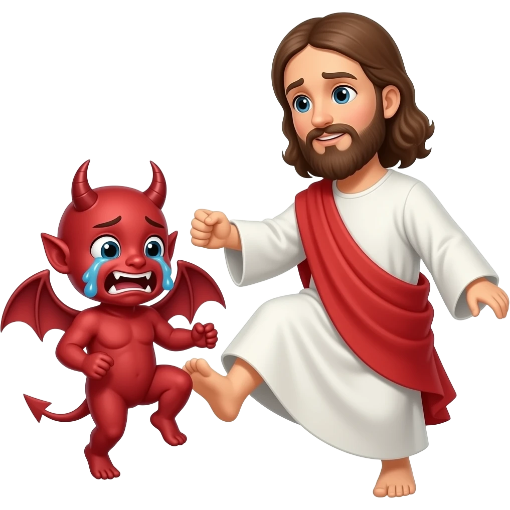 Jesus kicking a crying demon on the butt emoji