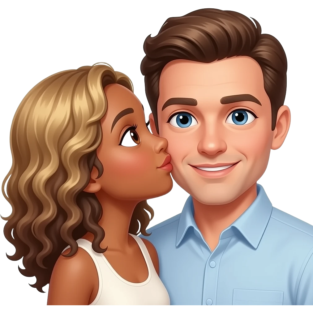 Femme métisse yeux marrons cheveux bouclés marrons et blonds qui embrasse un homme blanc cheveux châtain avec des yeux bleu emoji