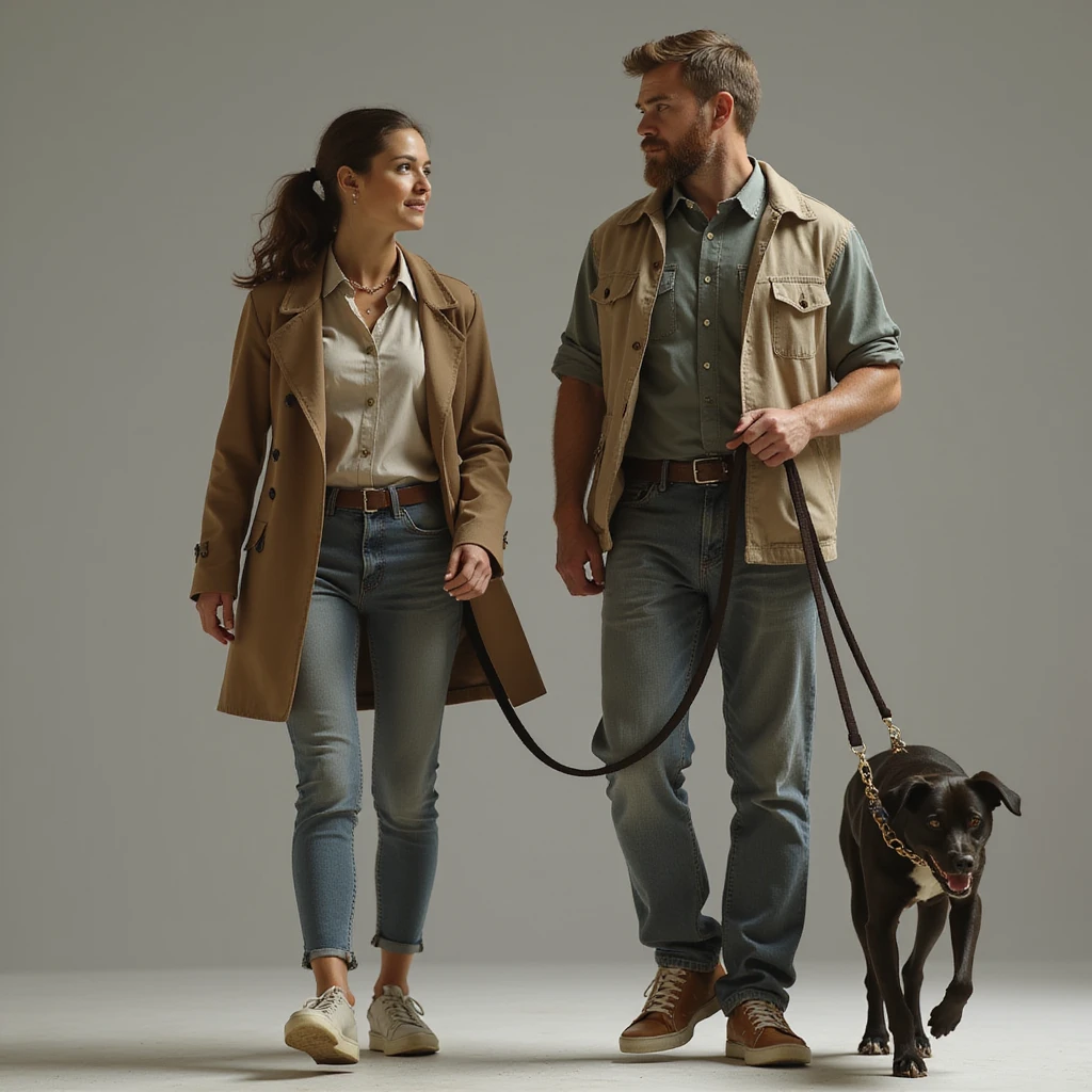 lifelike depiction of a woman walking with a man on a leash, subtle facial expressions, realistic lighting, no background emoji
