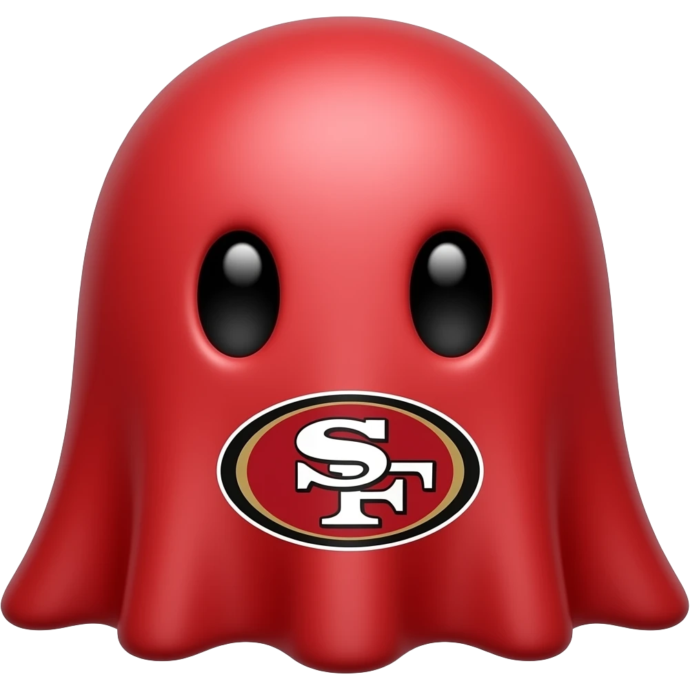Kawaii solid red ghost with black eyes and San Francisco 49ers logo emoji