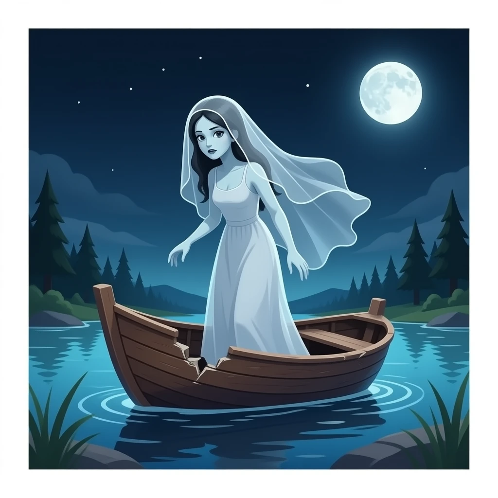 cinematic  - a broken boat with a terrifying female apparition around which a transparent veil flutters hovers emoji