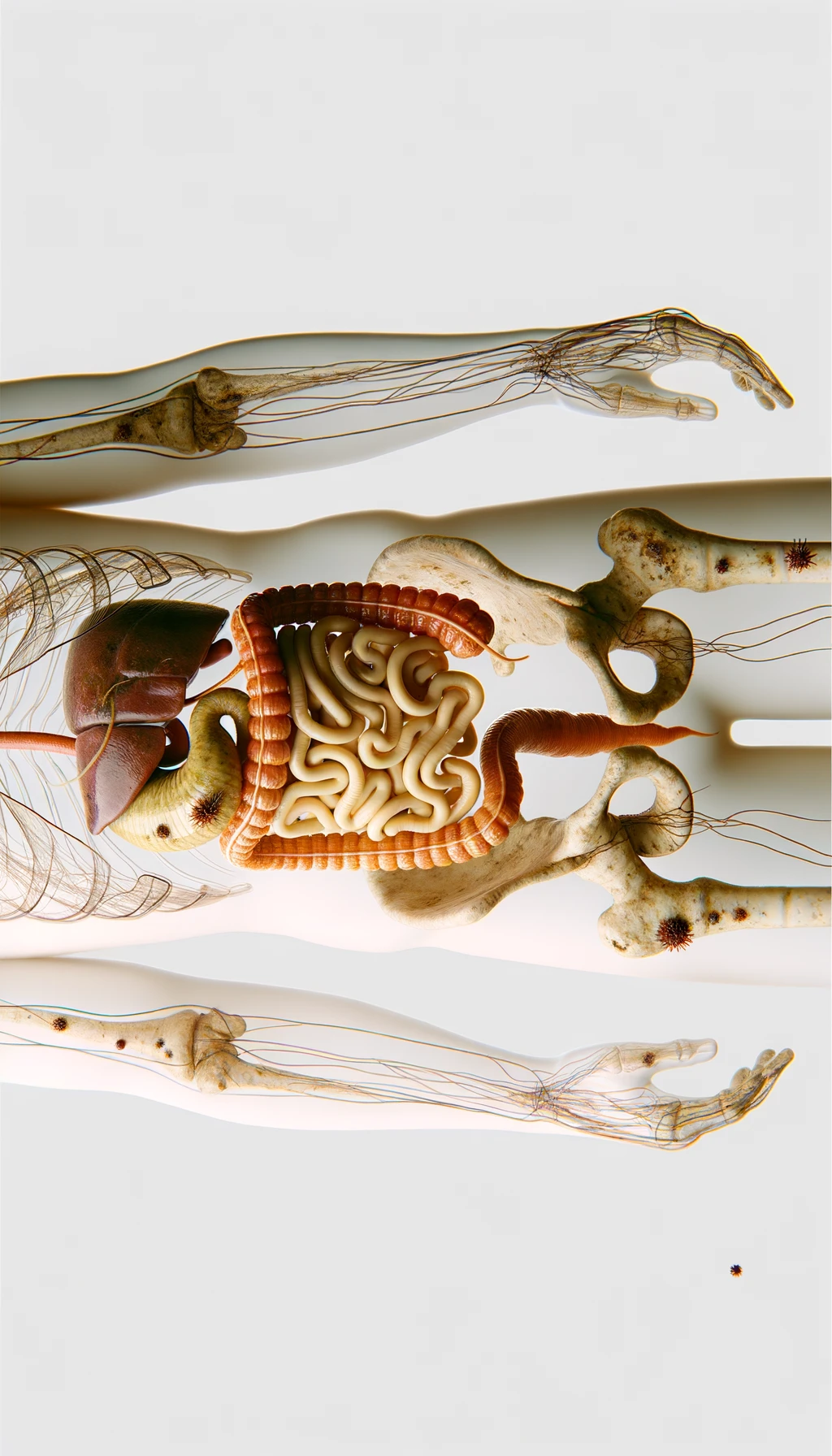 corpo umano anatomico con parassiti tipo la tenia nel corpo, intestino visibile, sfondo neutro chiaro emoji