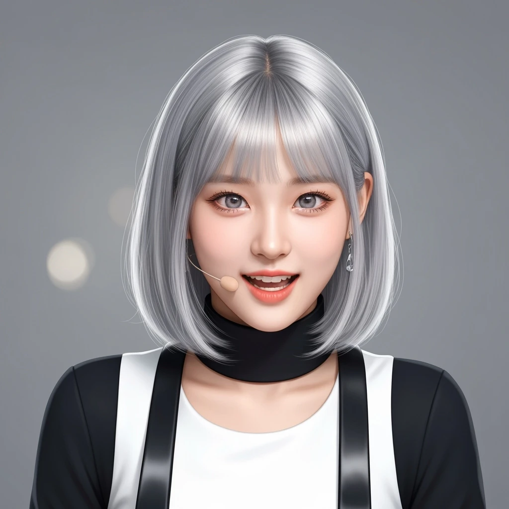 kpop girl with silver hair, cute, expressive, minimal emoji