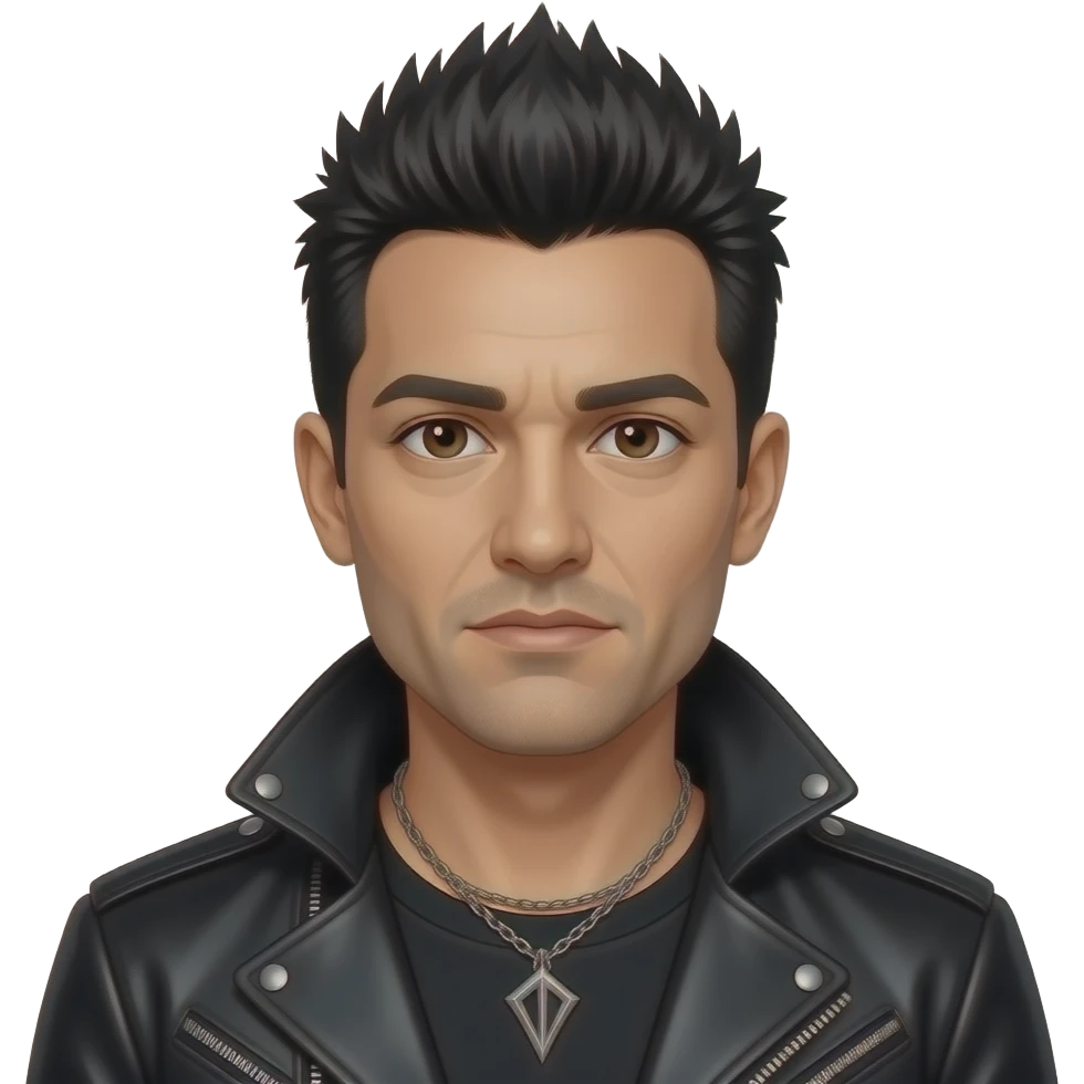 Chino Moreno with dark brown eyes, black spiky hair, black metallic nu-metal outfit, necklace emoji