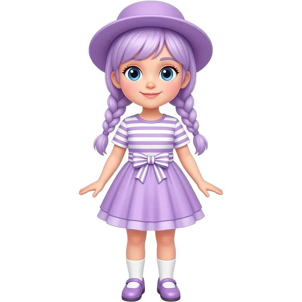 A girl with pale purple hair tied in braids and blue eyes, wearing a pale purple dress with white striped short sleeves and skirt, a pale purple frill, and a pale purple and white striped waist bow, pale purple shoes with white socks, and a pale purple hat. emoji