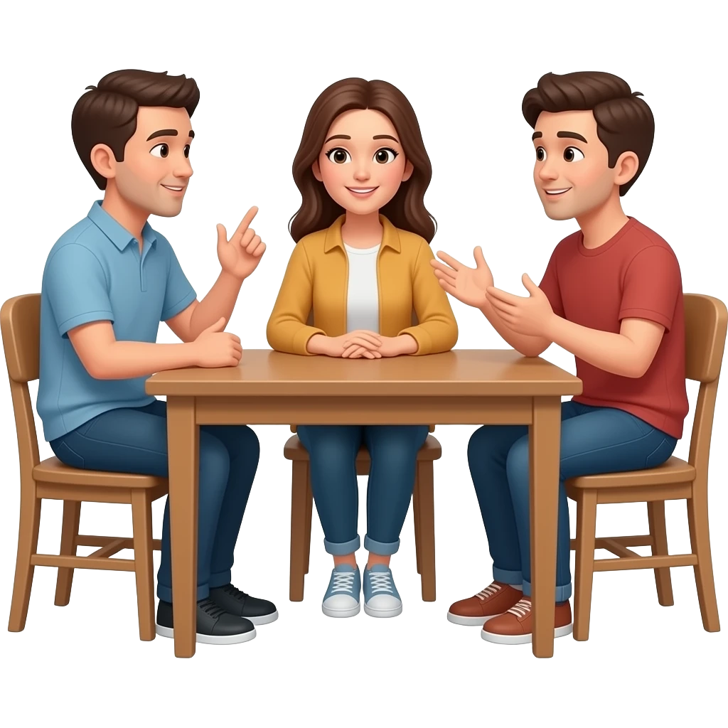 Dialogue between two adults and a teenager sitting at the table at home looking at each other in a conversational mood, hands moving, faces speaking emoji