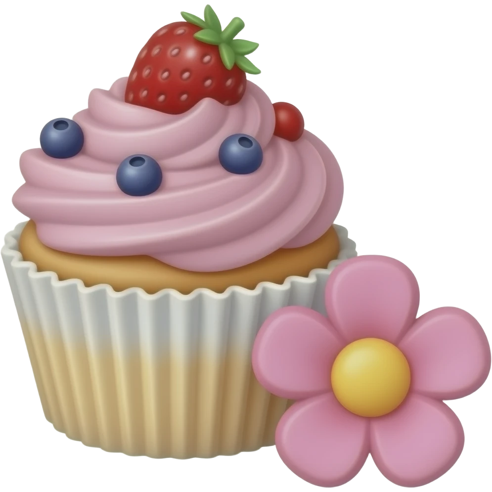 cupcake with pink icing and berries on itwith a cute pink flower next to it emoji