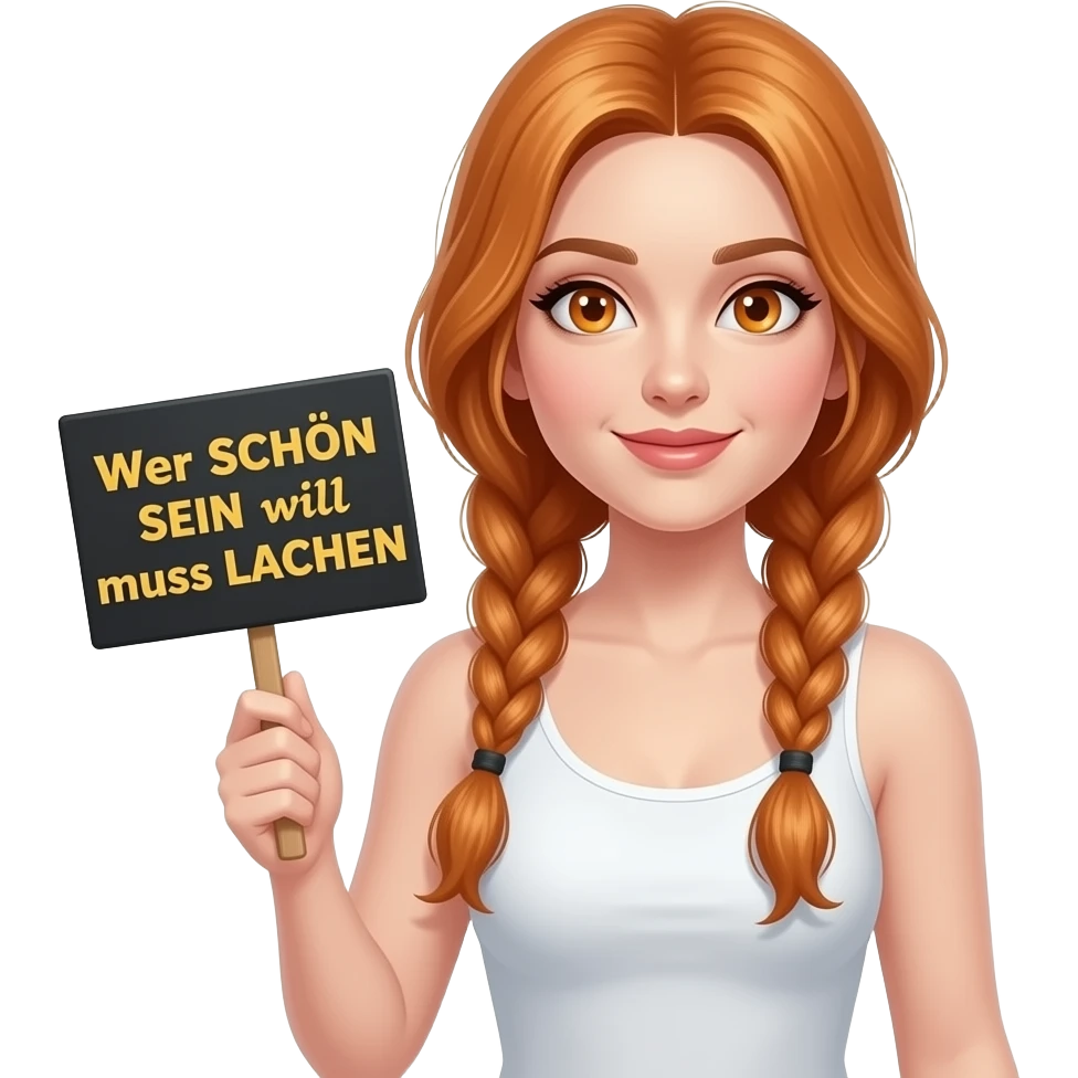 sexy girl with long ginger braids and ginger eyes wearing a white tanktop is holding a black sign with Wer SCHÖN SEIN will muss LACHEN written on it emoji
