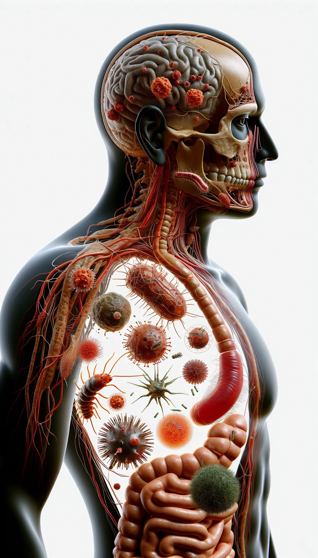 corpo umano anatomico di profilo con virus e parassiti che cercano di attaccarlo , isolato su sfondo bianco, iperrealistico 4k emoji