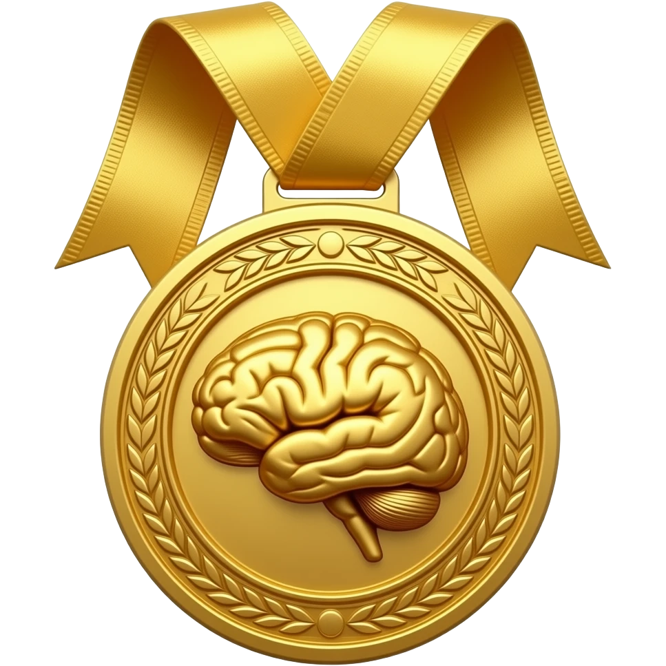 A golden medal with a ribbon and a glossy finish, featuring a central gold brain symbol. emoji