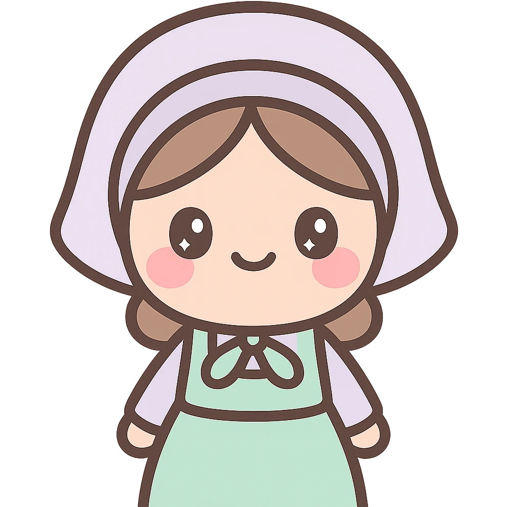 cute kawaii style emoji of an Amish girl in a bonnet and simple dress, blushing emoji