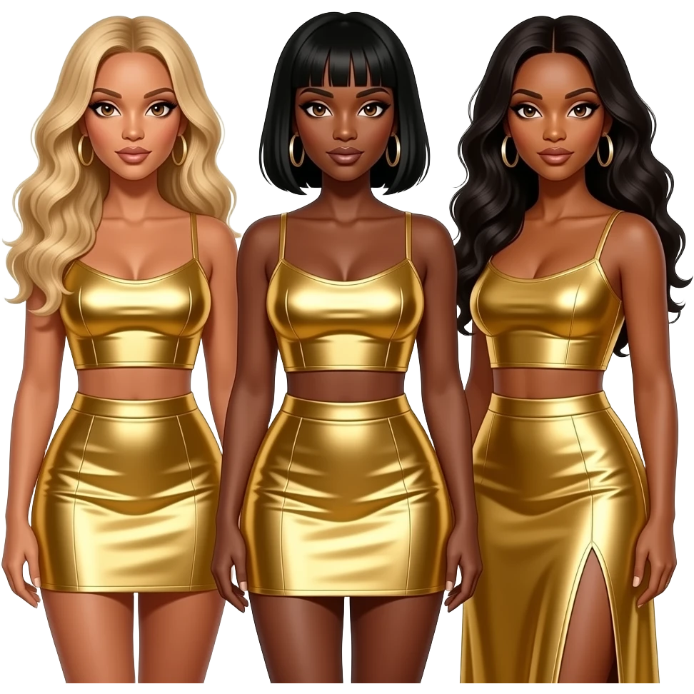 Destiny's Child with Beyonce with hazel eyes, long blonde hair, gold metallic crop top and skirt, Kelly with dark brown eyes, medium black hair, gold metallic crop top and skirt, Michelle with dark brown eyes, long black hair, gold metallic crop top and long skirt emoji