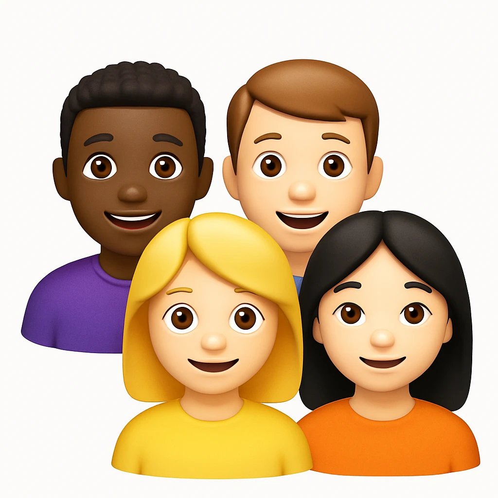 A 3D emoji in iOS emoji aesthetic style showing a small group of people standing together, smiling and facing forward, diverse appearances, friendly expressions, glossy Apple-style finish, clean white background

 emoji