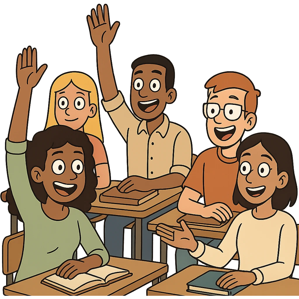 diverse group of student characters eagerly participating in a classroom discussion, expressive faces and gestures, friendly and inviting style emoji