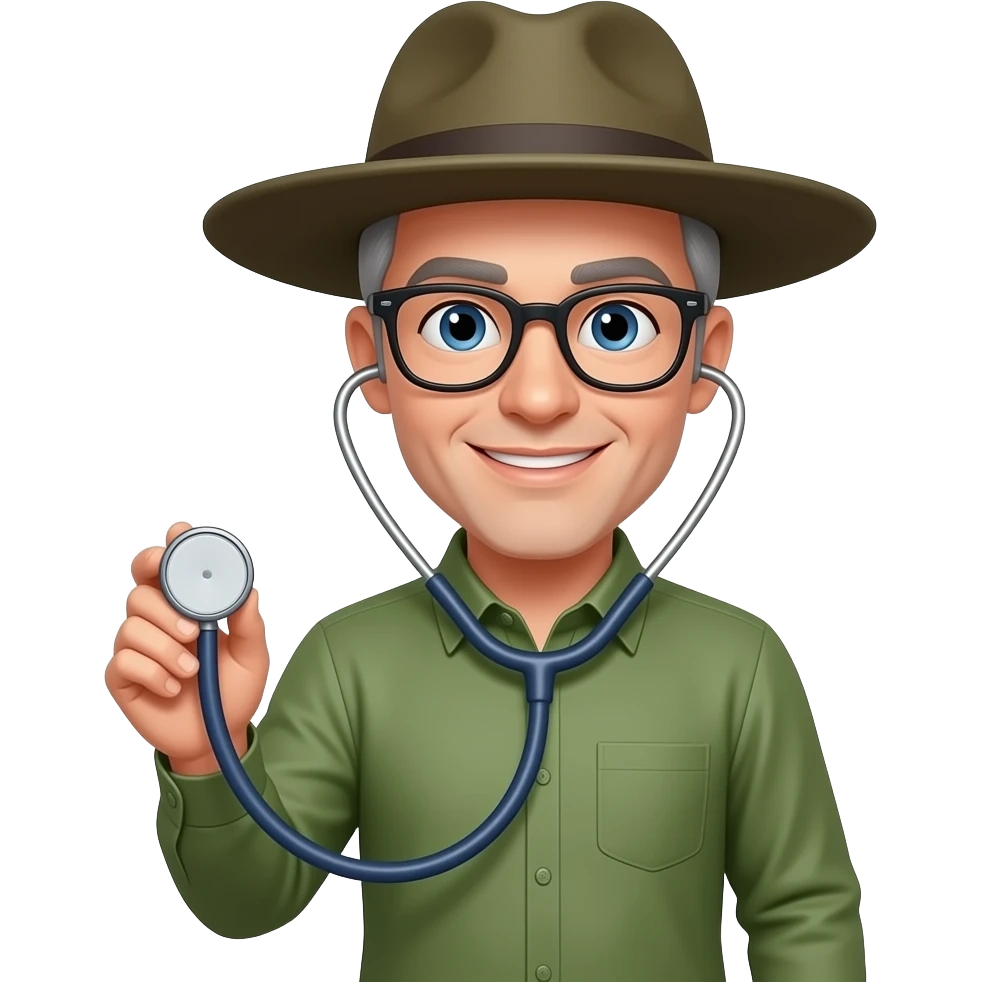 olive green long sleeved shirt grey hair clean shaven glasses broad brimmed hat holding stethoscope left handed emoji