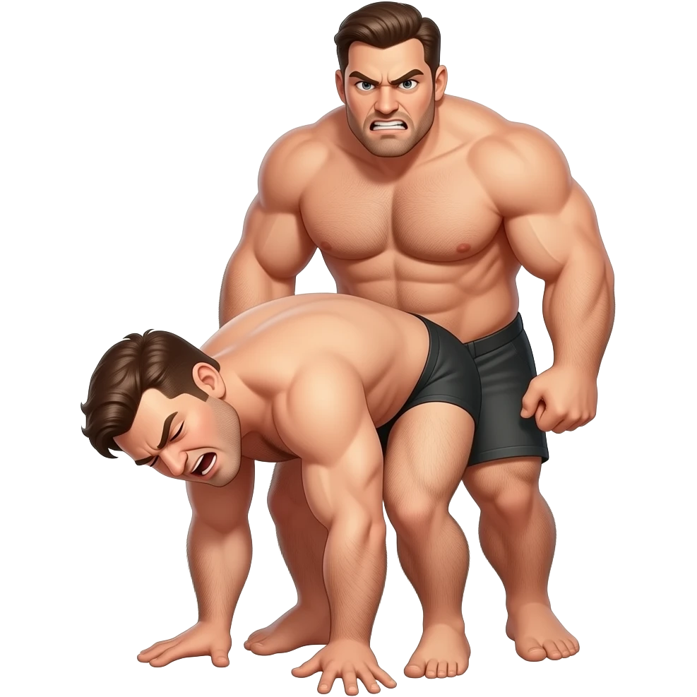 Naked hairy moaning man bending over, a stronger naked hairy angry man standing behind him emoji