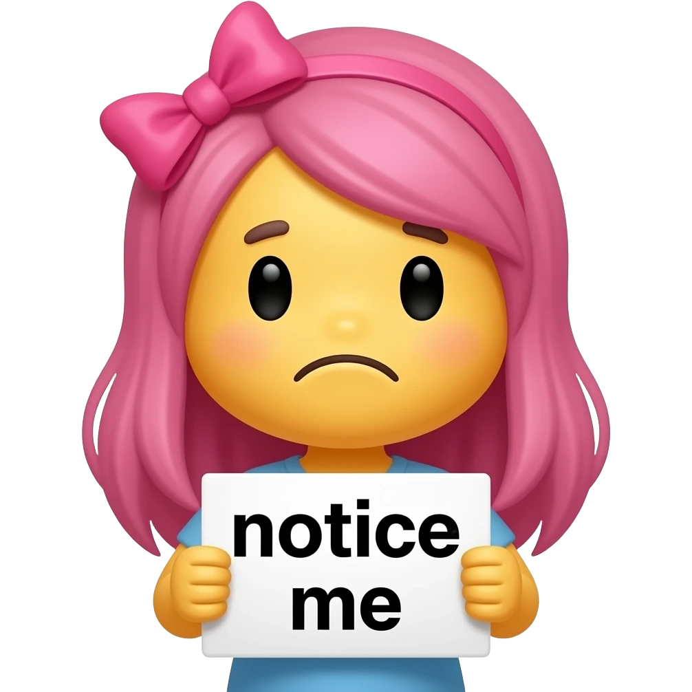 Yellow smiley with pink hairbow sad holding emoji up a sign that says "notice me" emoji