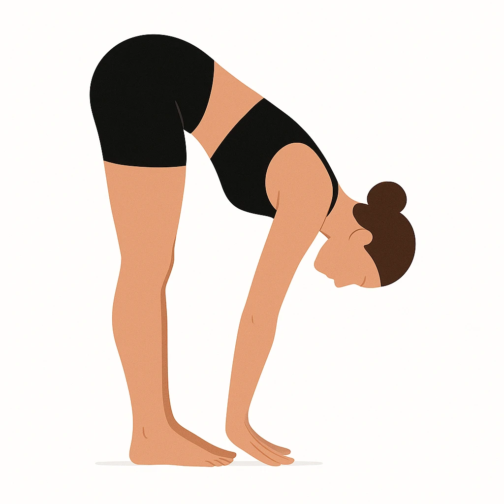 Minimalist flat vector illustration of a woman doing yoga in forward fold pose (Uttanasana), wearing sportswear (black top and black shorts), brown hair in a bun, clean white background, no face details, elegant style emoji