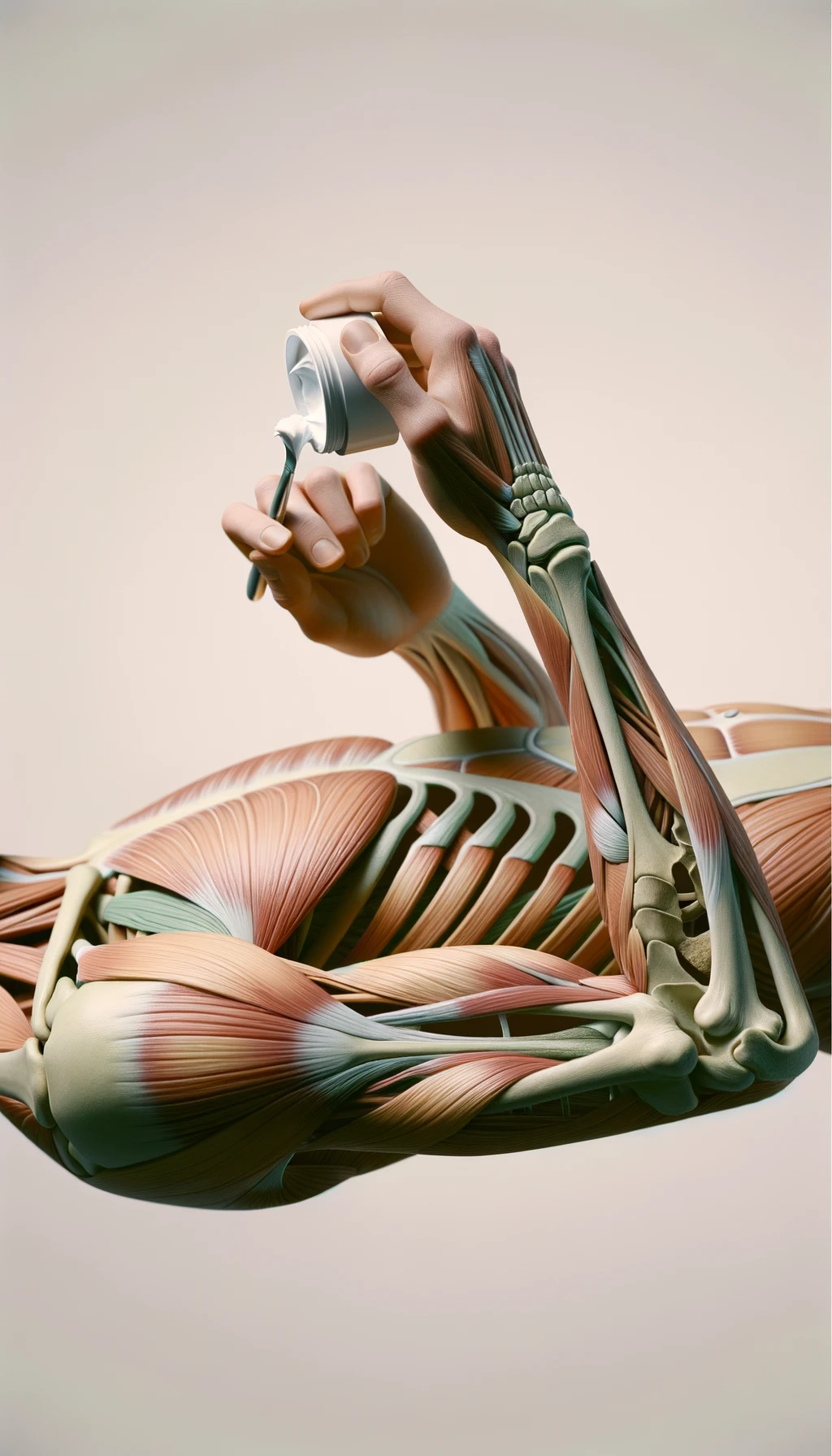 corpo umano anatomico cHE SI METTE UNA CREMA SUL BRACCIO, sfondo neutro chiaro emoji