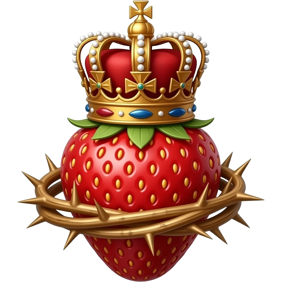 cinematic realistic -a bronze strawberry with a rusty, richly decorated English royal crown on top that is flaming. An oversized crown of thorns is wrapped around the strawberry's body and is spinning around its body emoji