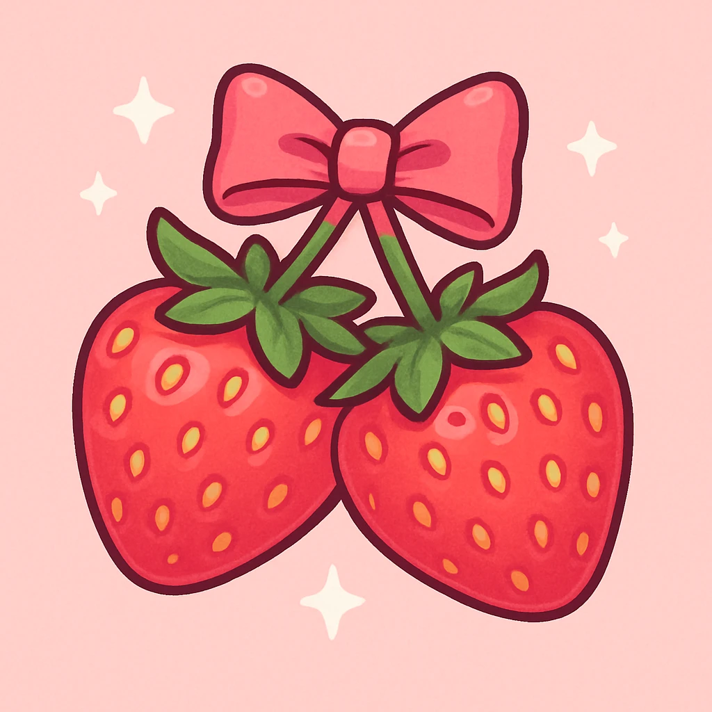 Two strawberries with a pink bow on the stem, vibrant colors, playful, with a light pink background and small white stars scattered around. emoji