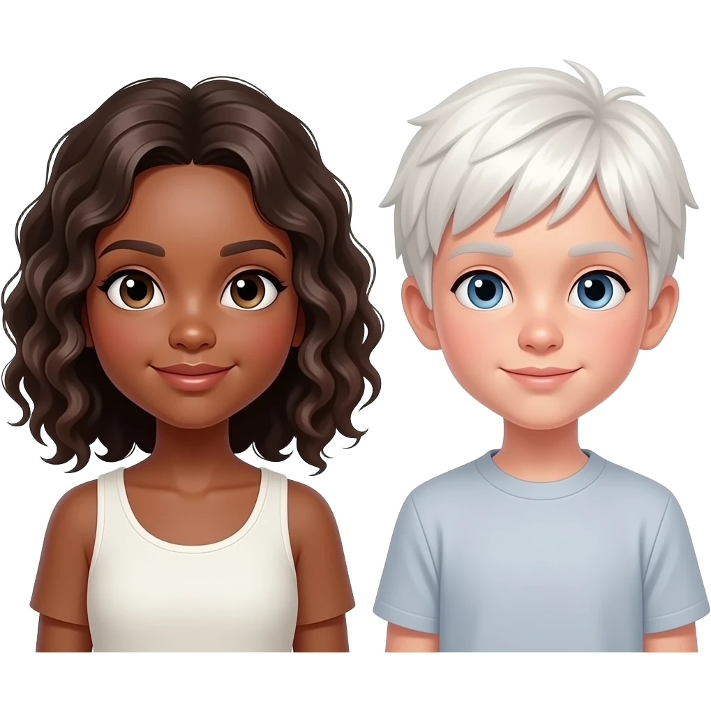 Menina morena do cabelo médio bem cacheado e menino branco do cabelo liso emoji
