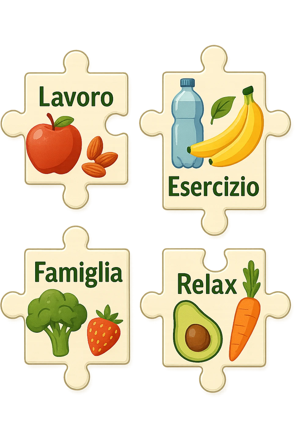 Puzzle (Lavoro, Esercizio, Famiglia, Relax), and healthy foods are integrated into each piece. in italiano emoji