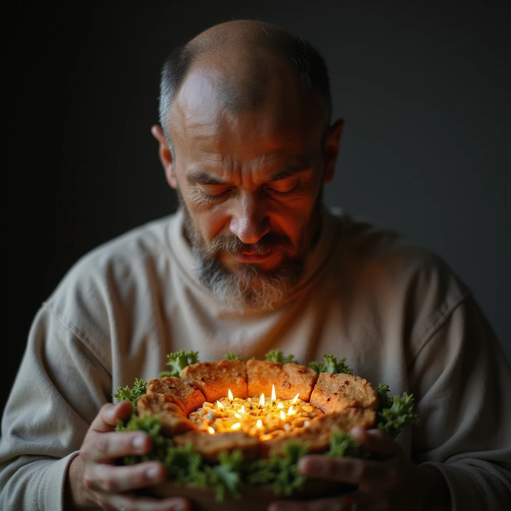 hyperrealistic 4K image of a man in Zen setting, eyes closed, food glowing with nutritional information, gut microbiome celebrating, reference image for facial features emoji