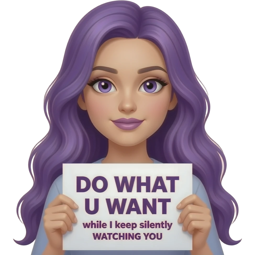sexy girl with long purple hair and purple eyes holding a DO WHAT U WANT while I keep silently WATCHING YOU sign emoji