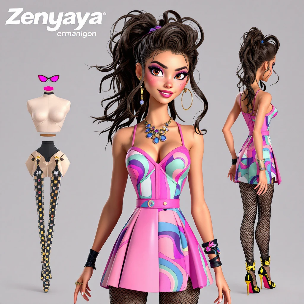 Zendaya reimagined in a 3D look, with a fashionable dress and dynamic expression emoji