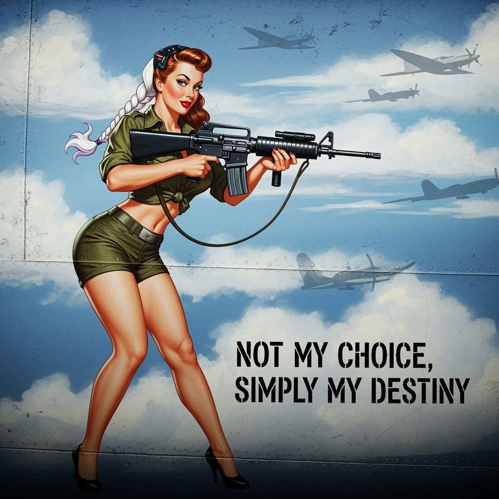 a retro military pinup fuselage decoration for the motto " not my choice, simply my destiny "
the female figure in the pinup image wears a single white braid with lavender tips, tactical reloading m4a1 emoji