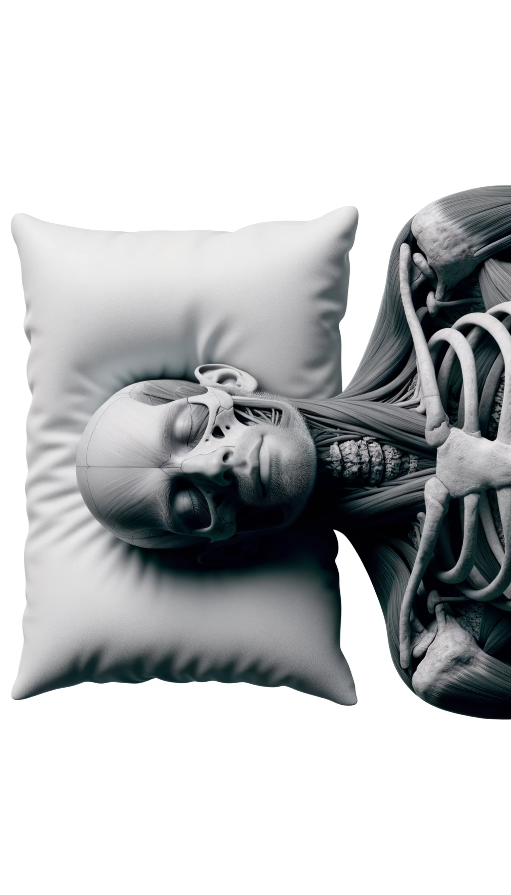 corpo umano anatomico CON TESTA SUL CUSCINO PERCHé STA DORMENDO, VISTO DALL'ALTO, ISOLATO SU SFONDO BIANCO,
 iperrealistico 4k emoji