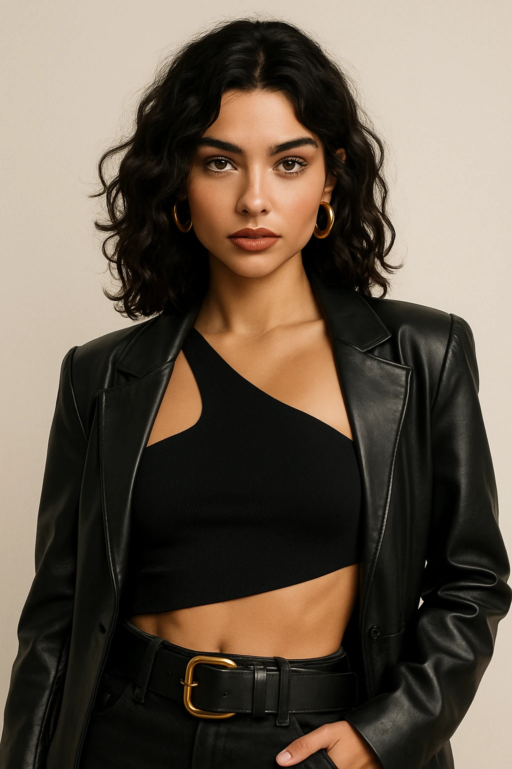 baddie with wavy dark hair, hazel eyes, small nose, hoop earrings, trendy outfit emoji