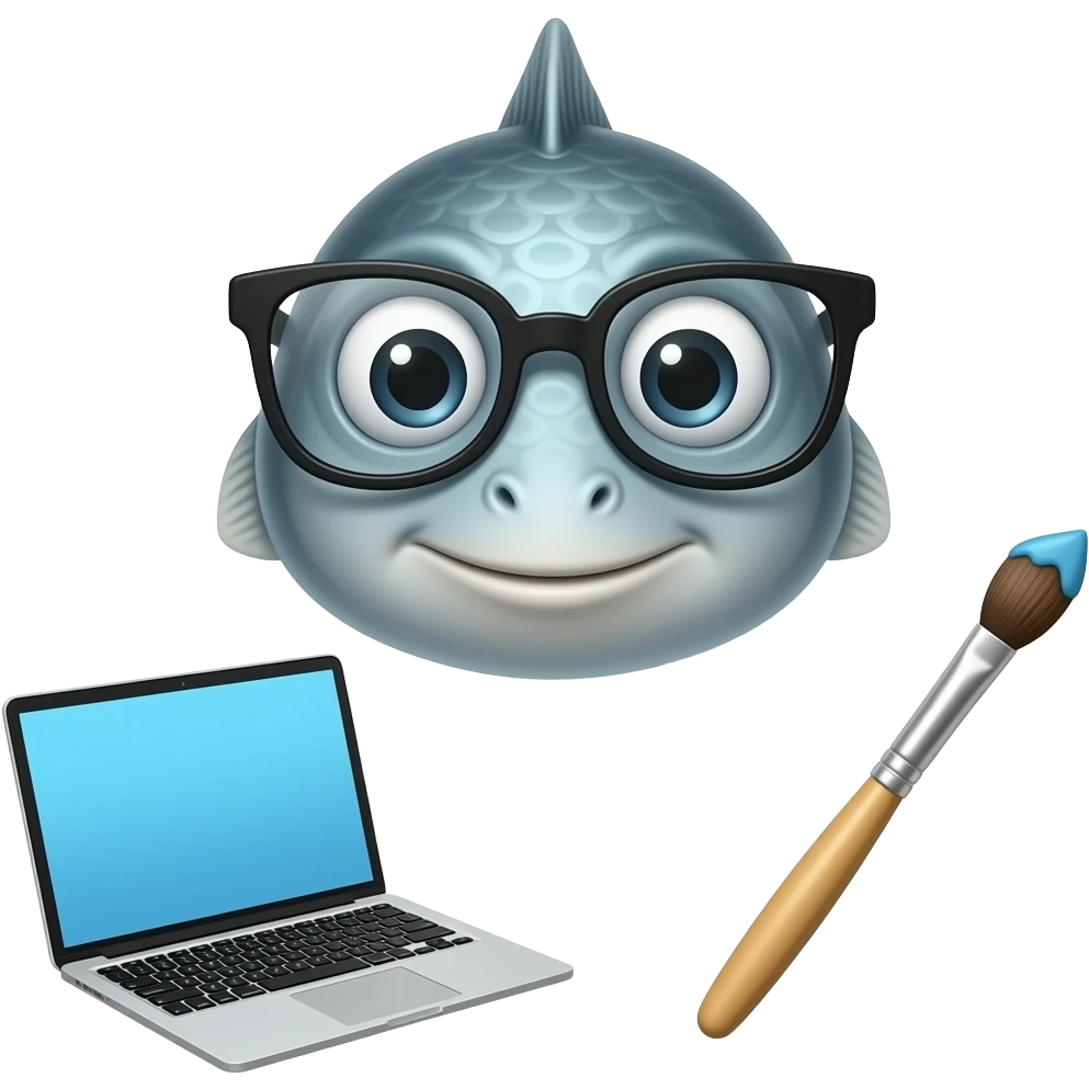 노트북과 붓이 있는 안경쓴 물고기 얼굴 몸은 없고 노트북이랑 붓은 허공에 emoji