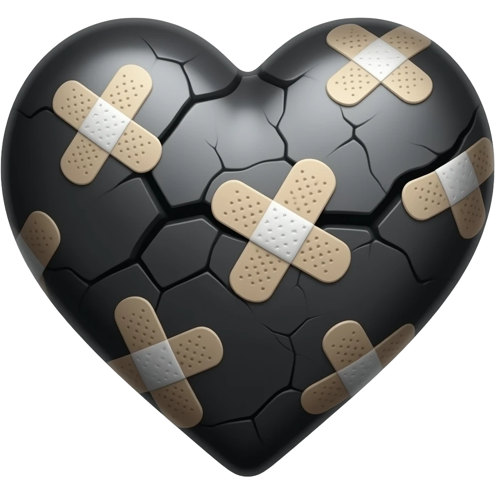 Black cracked heart with several small white X band aids emoji