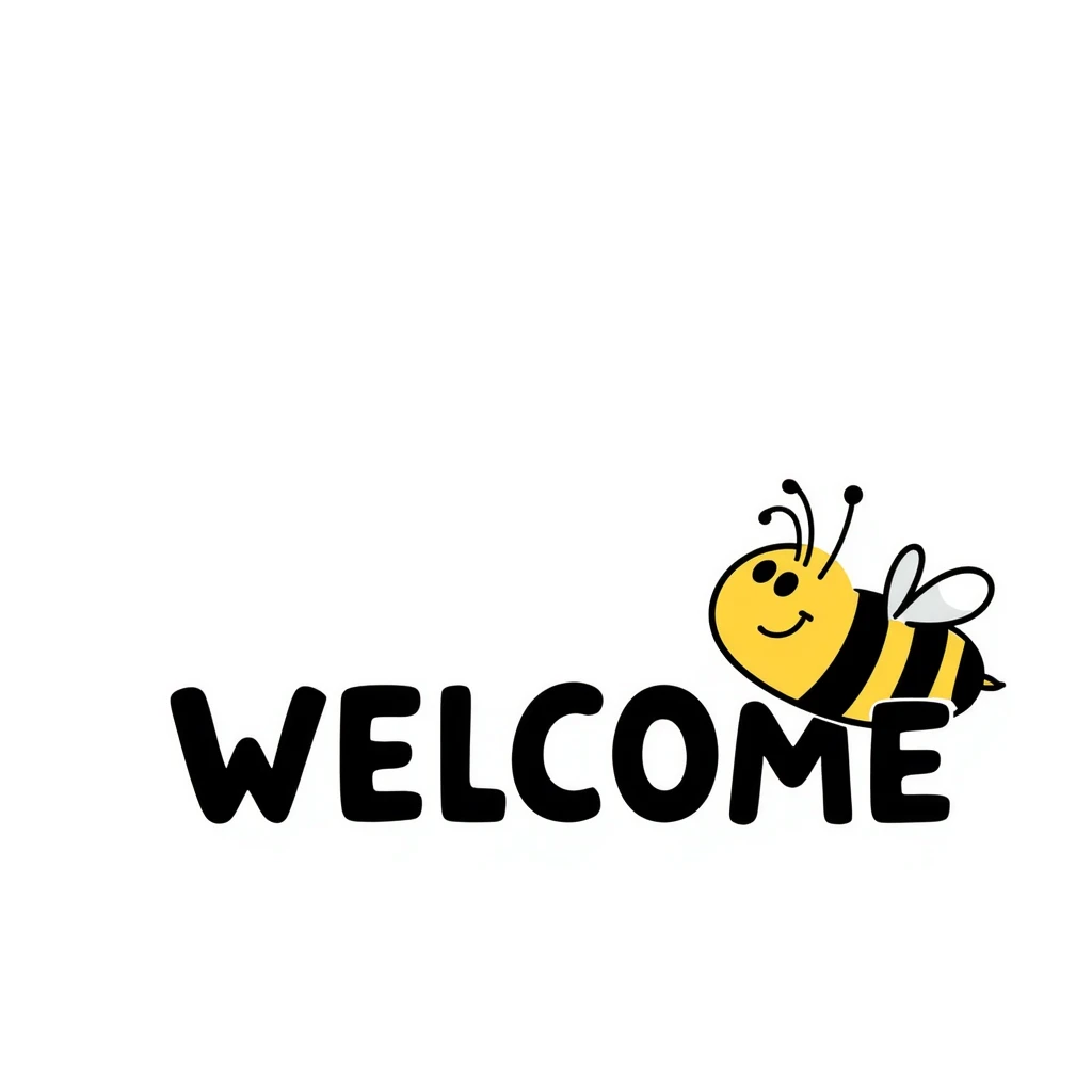 Welcome tag with a happy bee, black and yellow stripes, 'WELCOME' text emoji