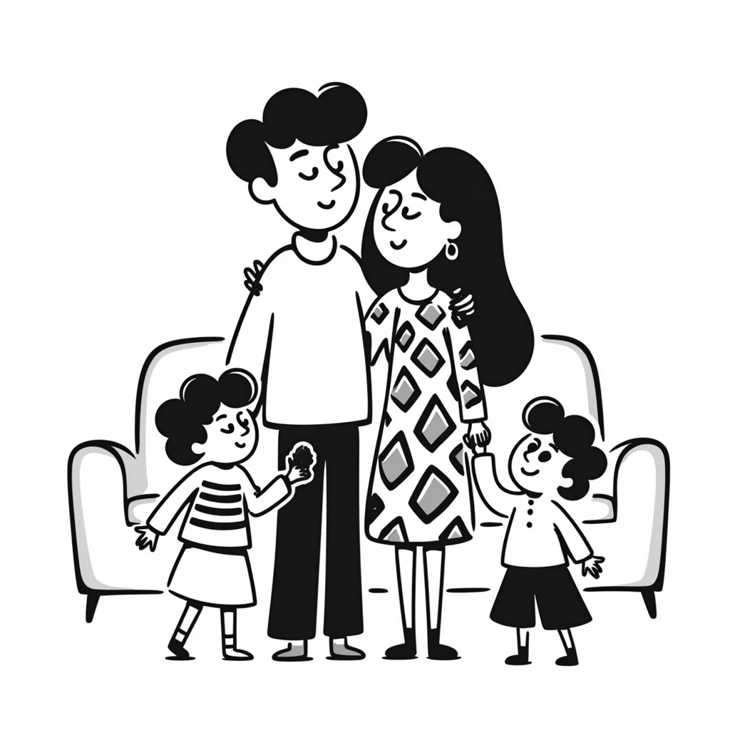 a family in a hand-drawn doodle style, simple lines, playful emoji