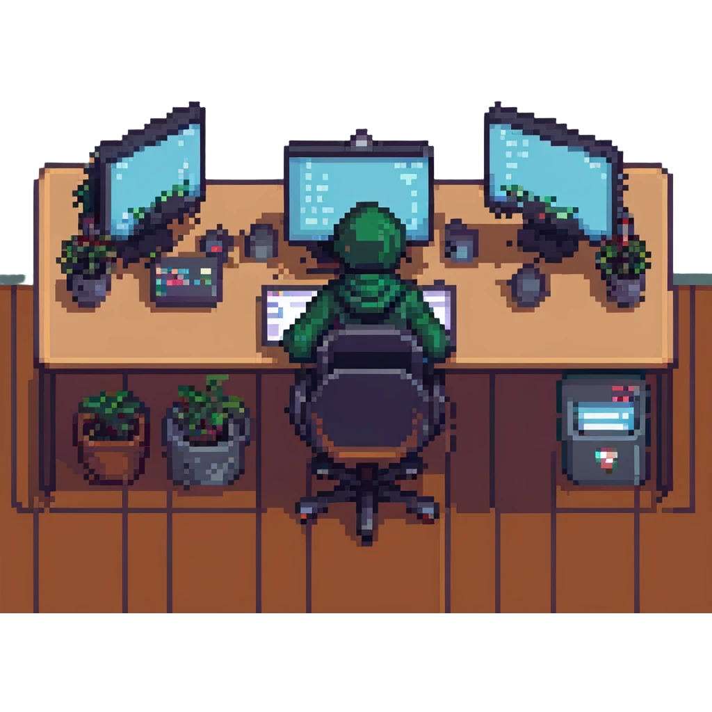 hacker, pixel art, sitting at a desk with multiple monitors, retro vibe emoji