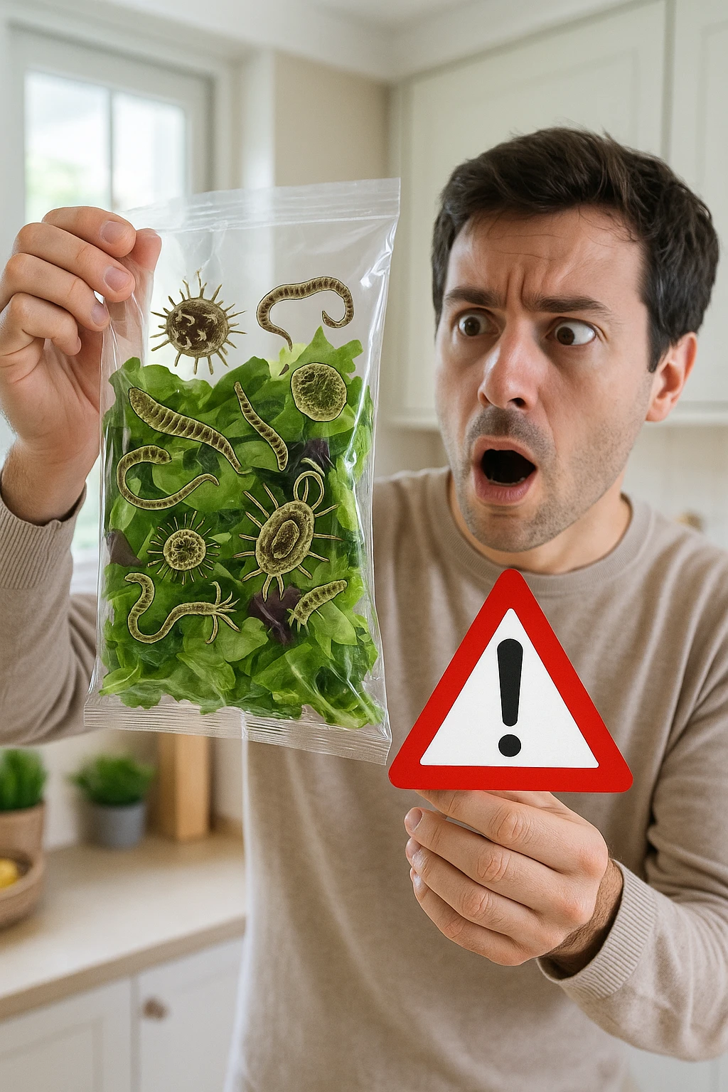 a man with a shocked expression holds a bag of salad greens up to the light. Through the clear plastic, enlarged and detailed images of various parasites and bacteria are visible among the leaves. A red warning triangle with an exclamation mark floats near the bag, emphasizing the health risk. The setting is a bright, everyday kitchen. emoji