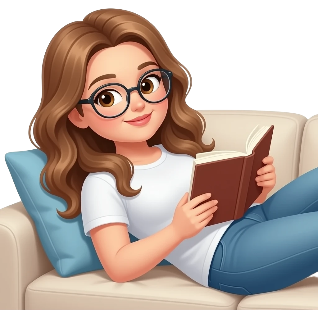detailed emoji illustration of a curvy woman with long light brown wavy hair, light brown eyes and round glasses lying comfortably and reading a book all day, relaxed lazy reading vibe, cute emoji style emoji