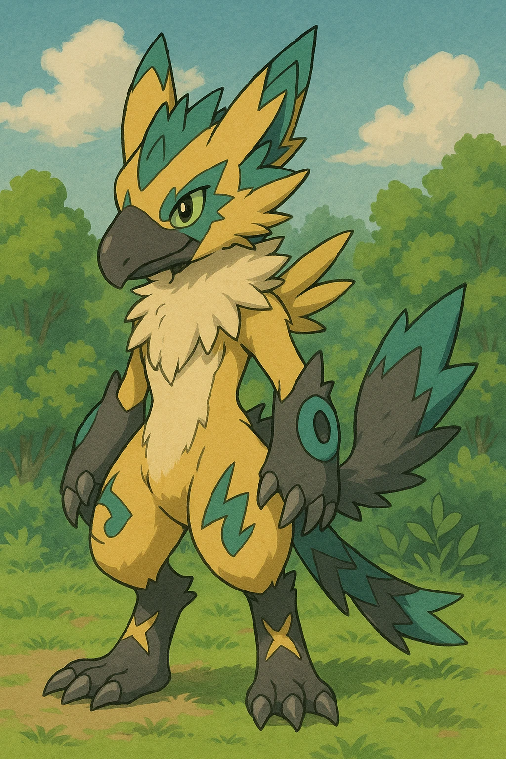 Sergal-Protogen-Trico-Renamon-Lombax-Zeraora-Vernid-fusion-hybrid-creature, drawn in a Pokémon/Digimon style emoji
