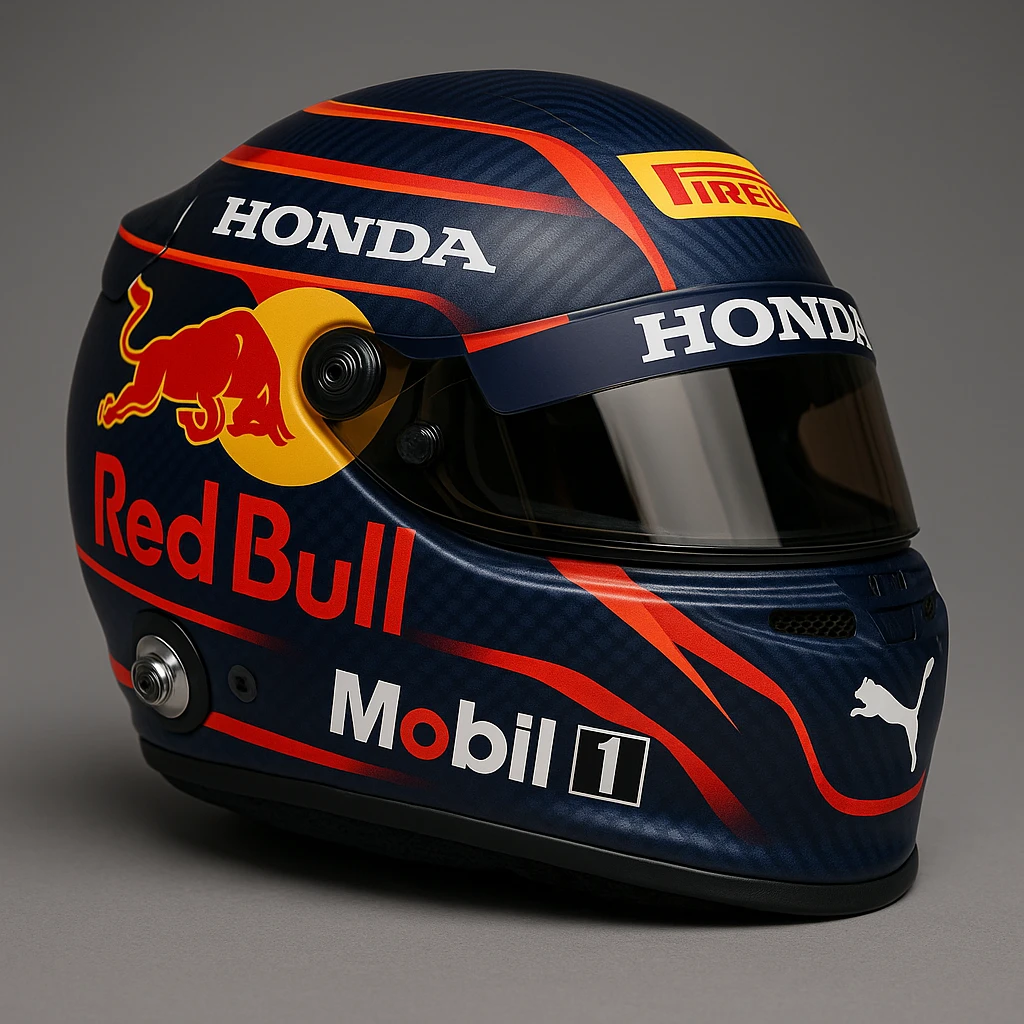 Max Verstappen F1 helmet, correct sponsor logos and color scheme, highly detailed, motorsport design, realistic and professional, all sponsors visible, authentic colors. emoji