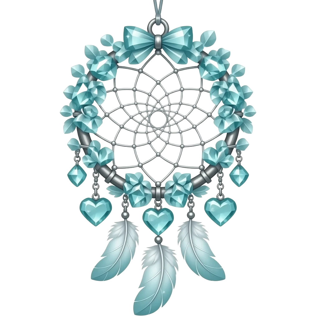 Cyan-greenish and silver cold-cool-colored romantic lush beautiful pretty hanging crystal-catcher aesthetic with hearts and sparkles and feathers emoji